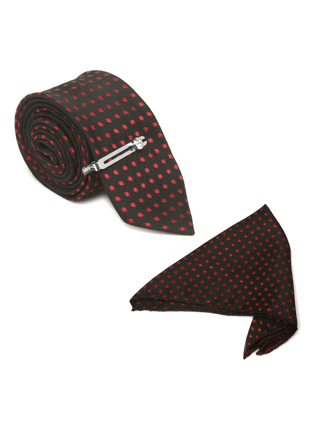 Polka Dotted Red Luxury Italian Silk Necktie Set With Pocket Square Chrome Tie pin