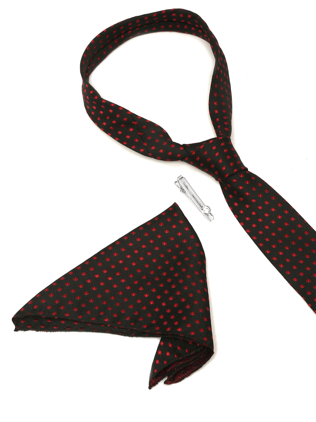 Polka Dotted Red Luxury Italian Silk Necktie Set With Pocket Square Chrome Tie pin