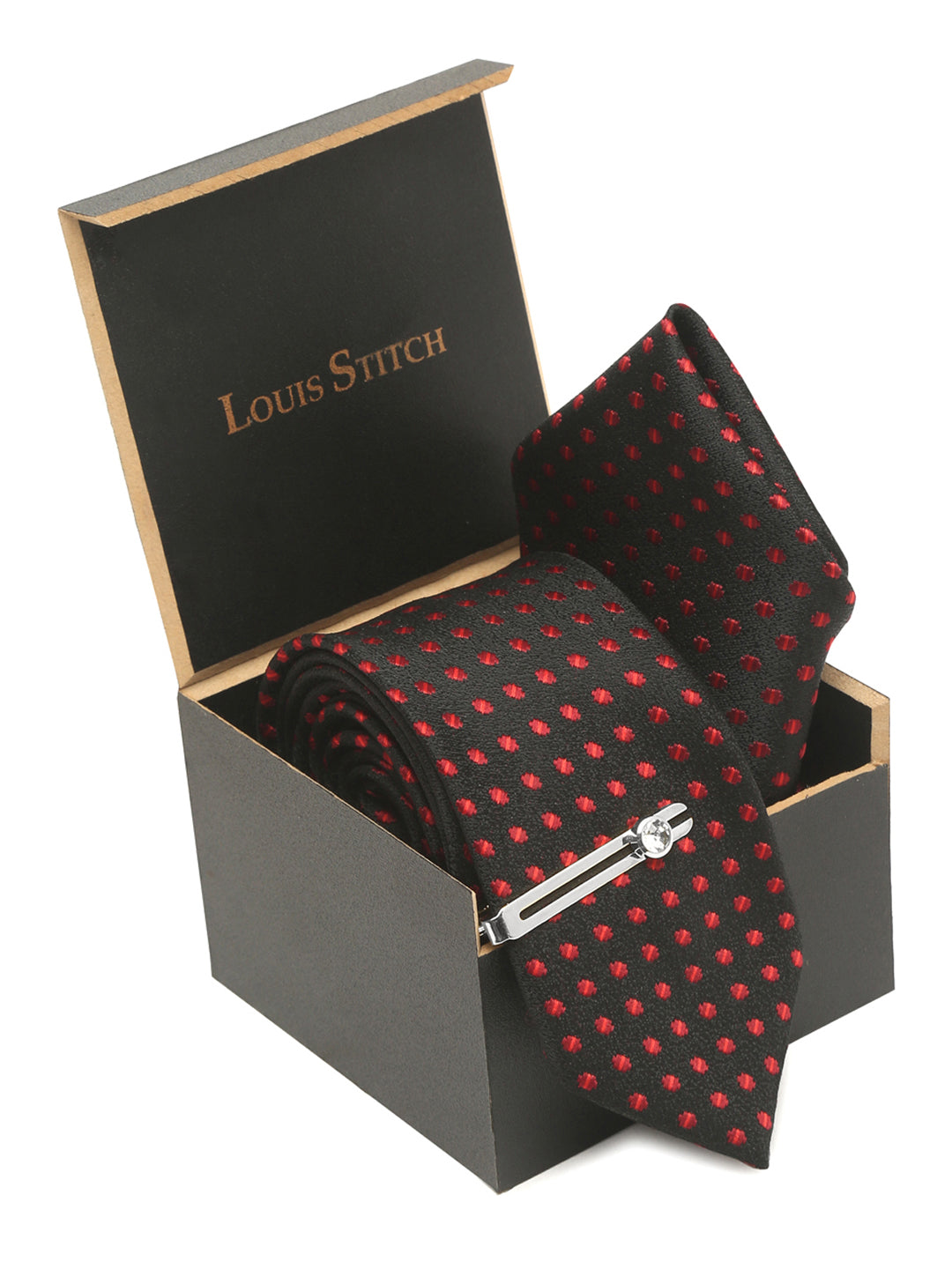 Polka Dotted Red Luxury Italian Silk Necktie Set With Pocket Square Chrome Tie pin