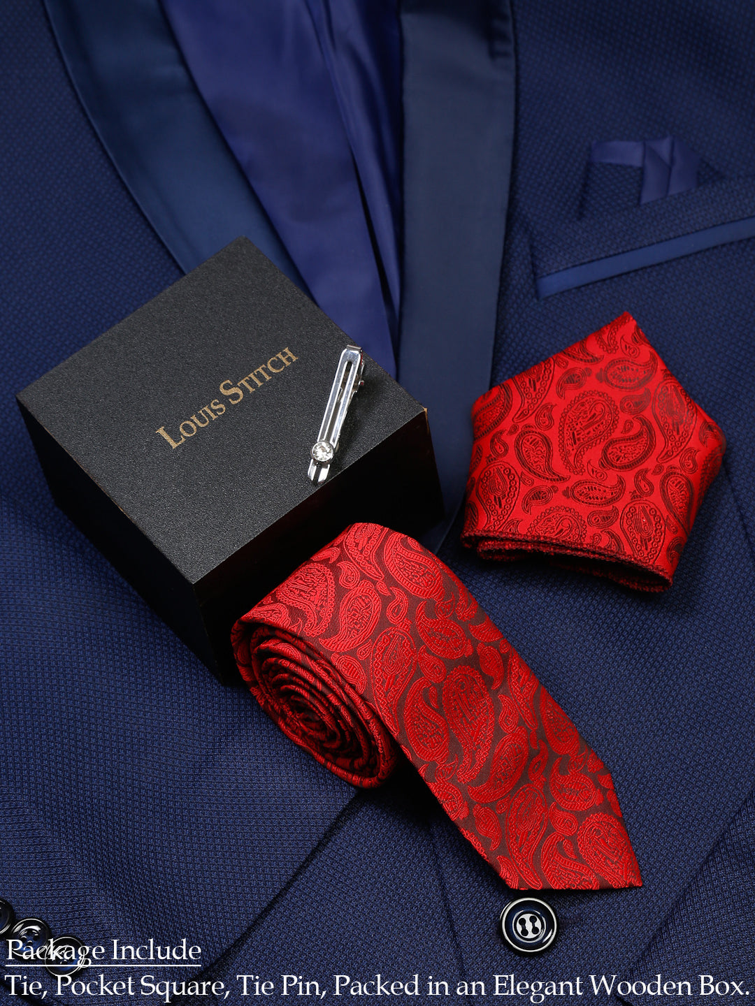 Floral Red Luxury Italian Silk Necktie Set With Pocket Square Chrome Tie pin