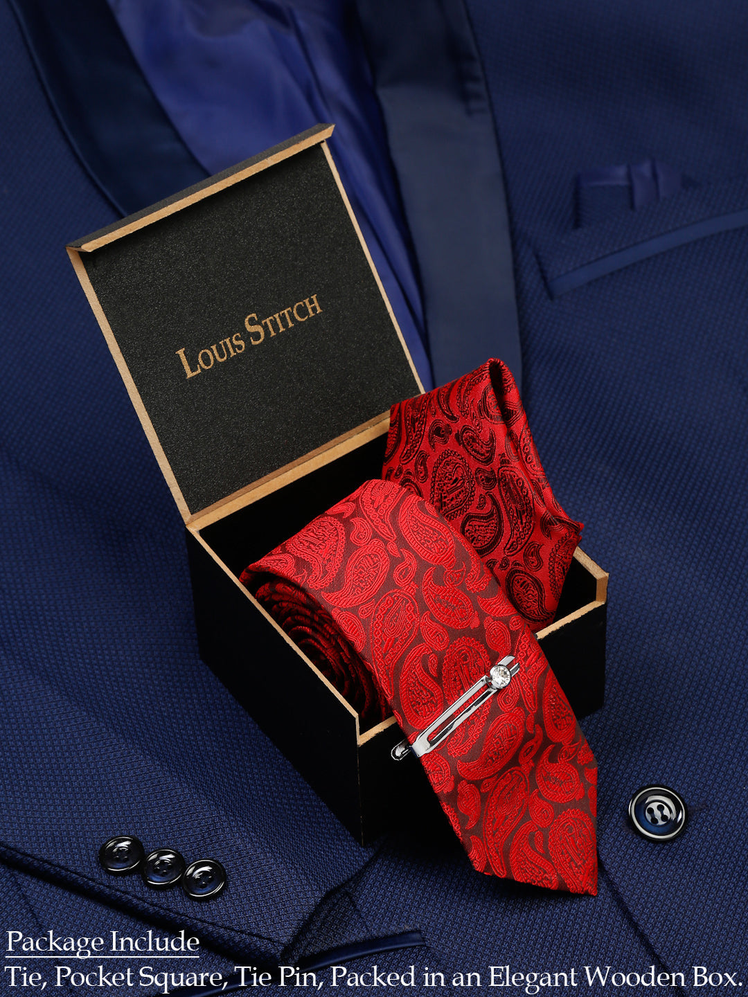 Floral Red Luxury Italian Silk Necktie Set With Pocket Square Chrome Tie pin