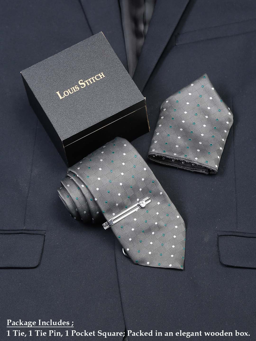 Grey polka Luxury Italian Silk Necktie Set With Pocket Square Chrome Tie pin