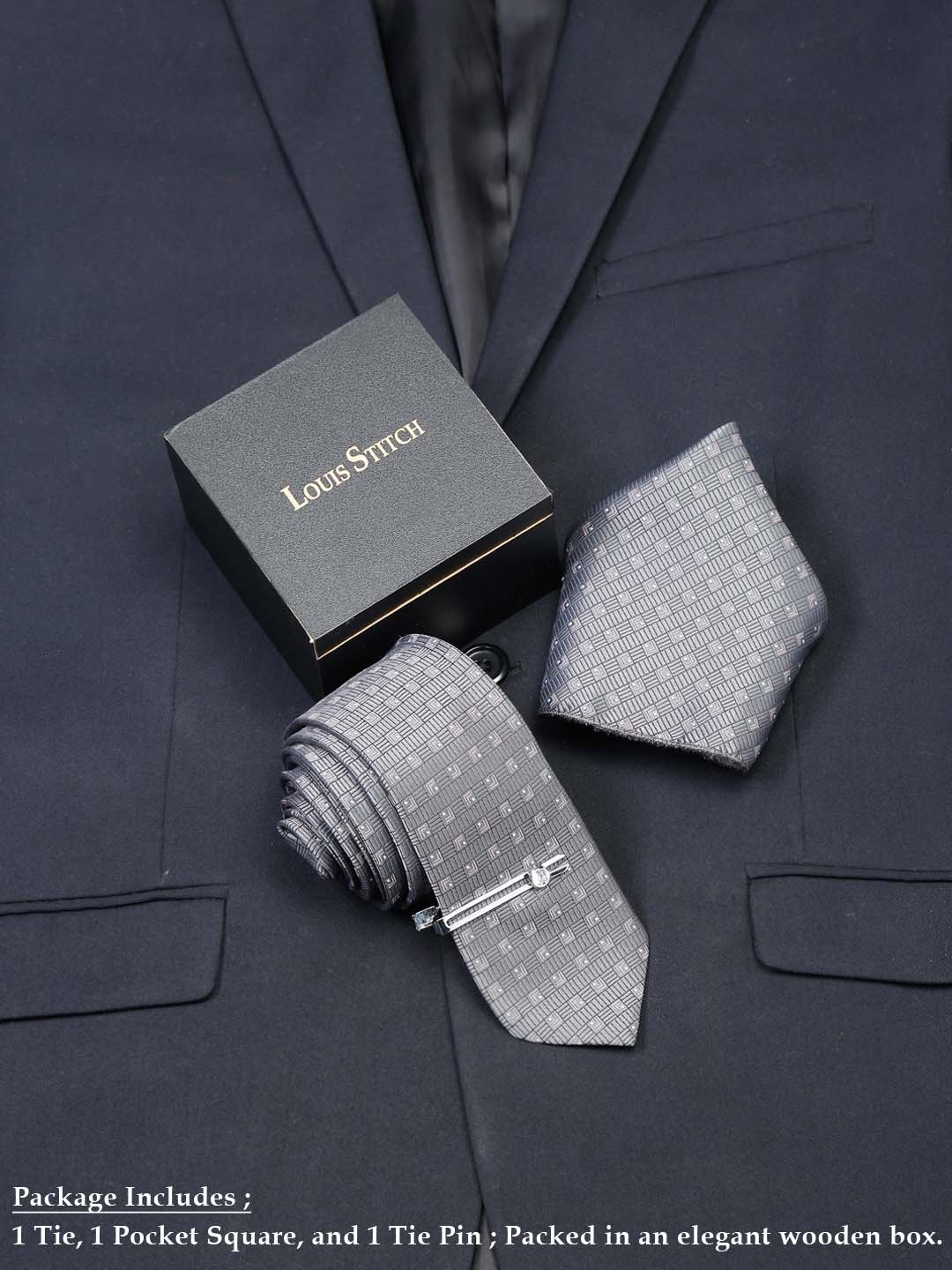 Grey Checkerd Luxury Italian Silk Necktie Set With Pocket Square Chrome Tie pin