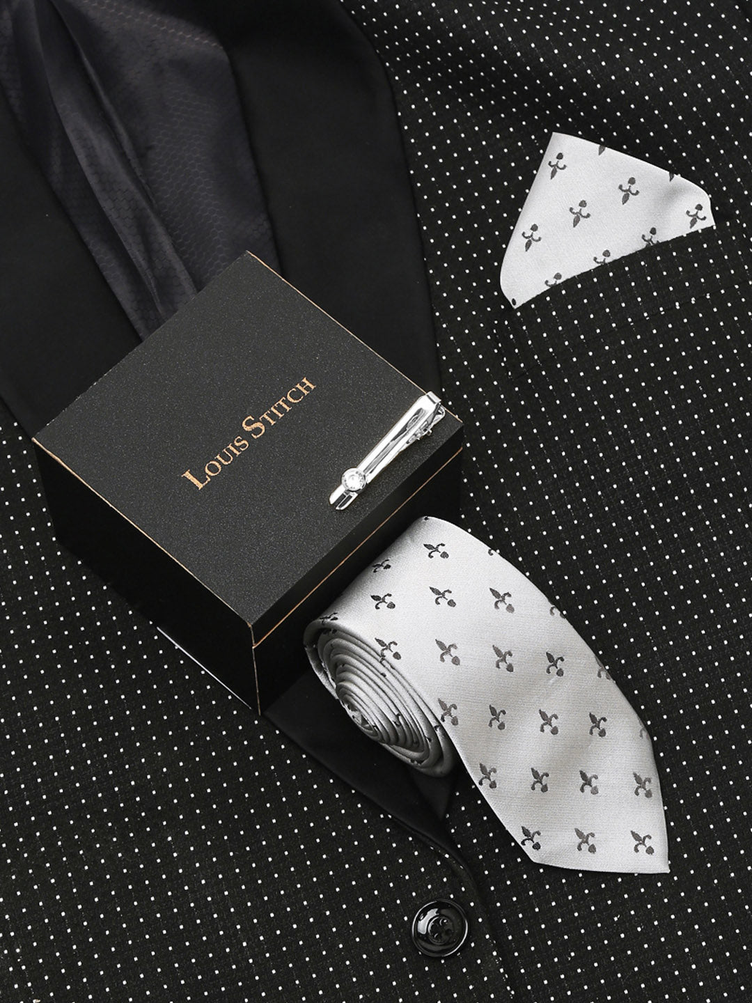 Arrow Grey Luxury Italian Silk Necktie Set With Pocket Square Chrome Tie pin