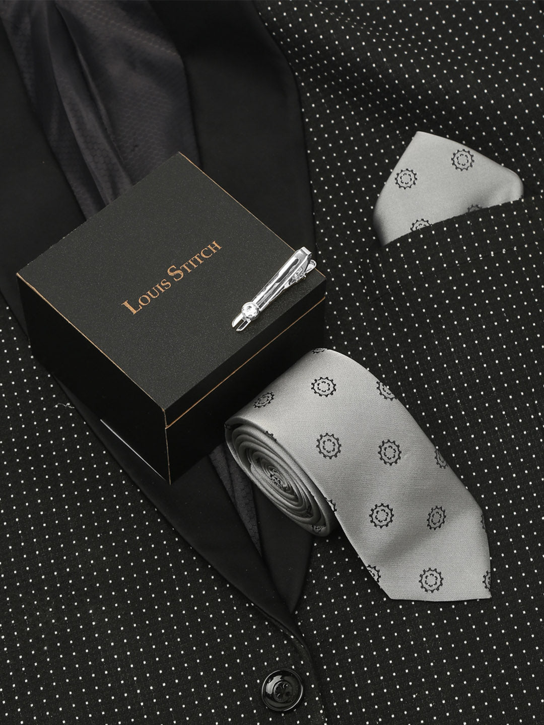 Polka Grey Luxury Italian Silk Necktie Set With Pocket Square Chrome Tie pin