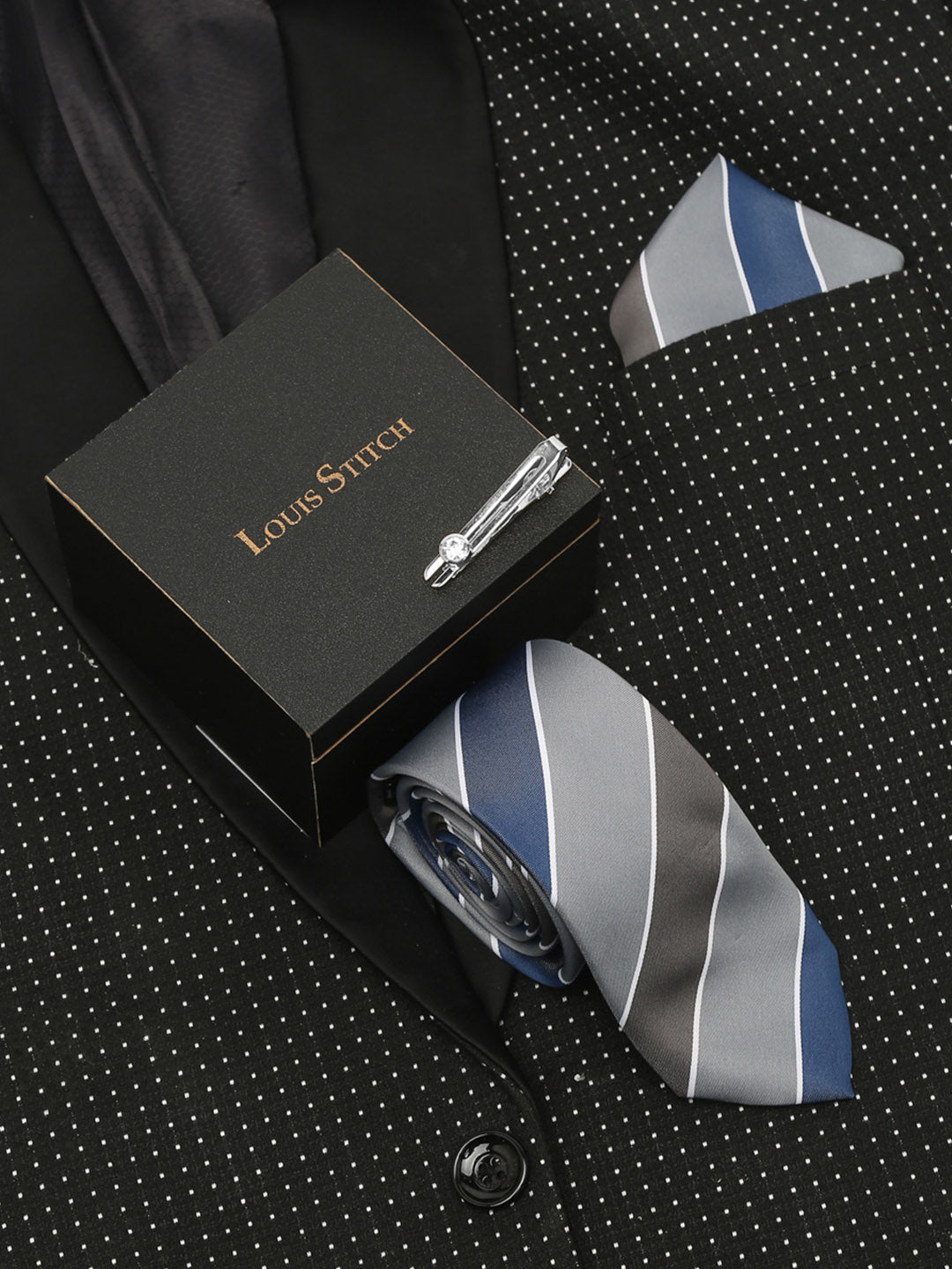 Lined Blue Luxury Italian Silk Necktie Set With Pocket Square Chrome Tie pin