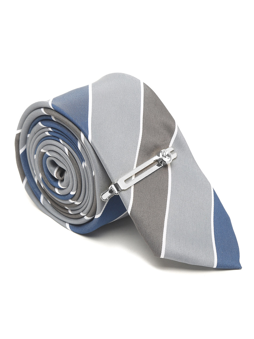 Lined Blue Luxury Italian Silk Necktie Set With Pocket Square Chrome Tie pin