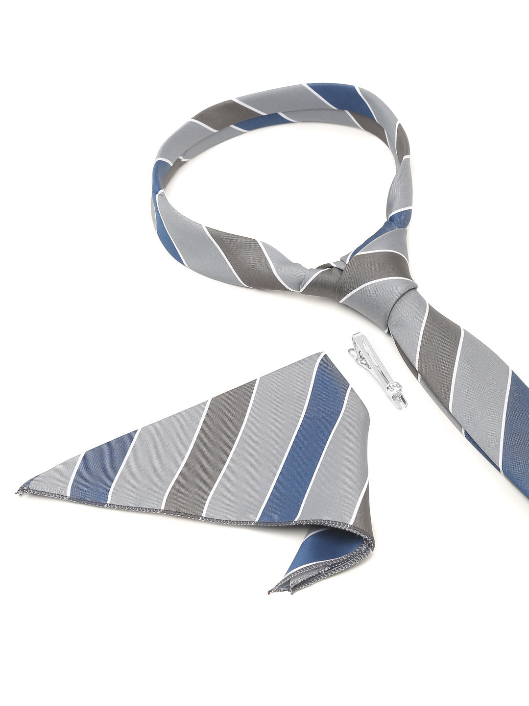 Lined Blue Luxury Italian Silk Necktie Set With Pocket Square Chrome Tie pin