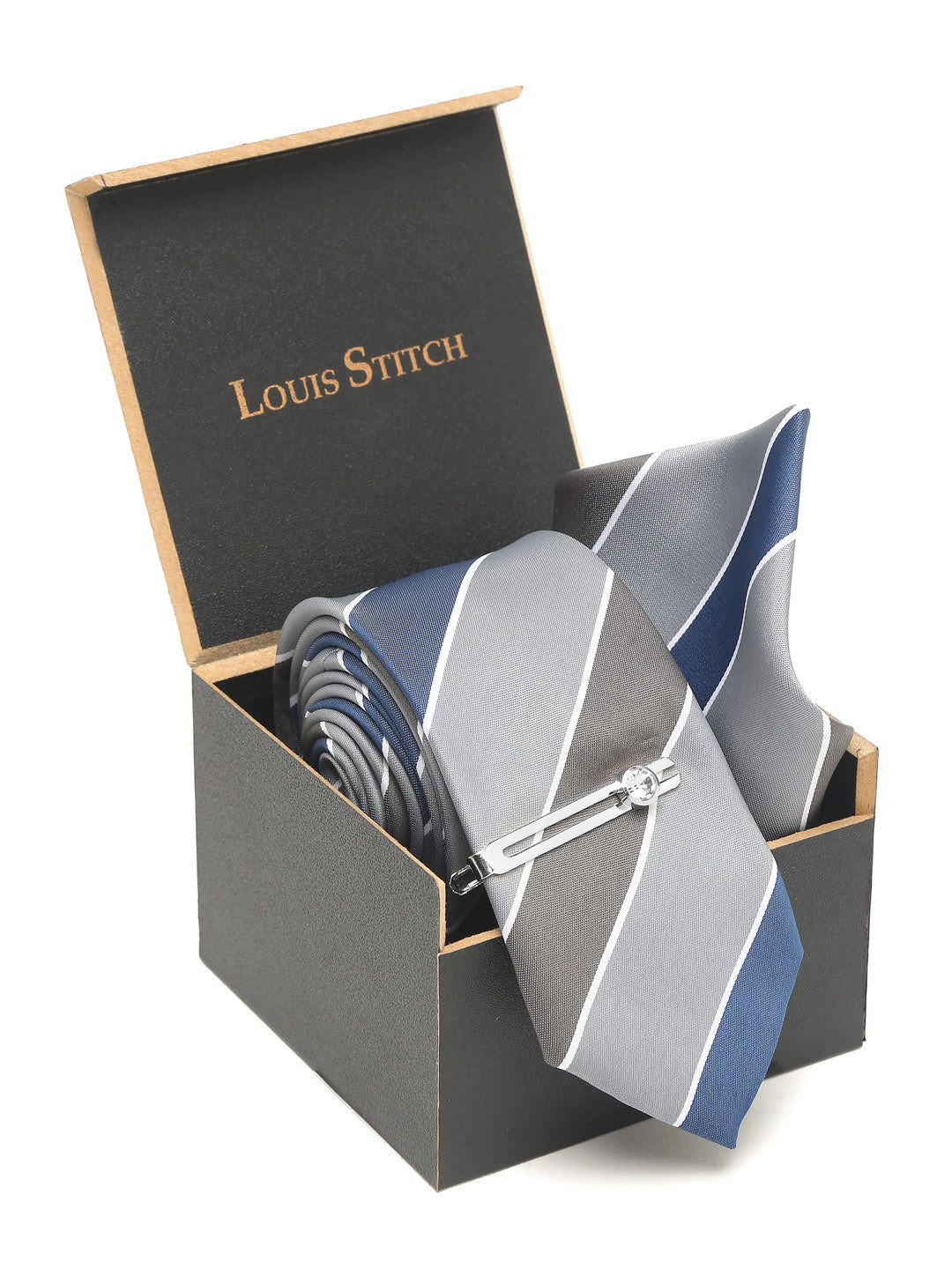 Lined Blue Luxury Italian Silk Necktie Set With Pocket Square Chrome Tie pin