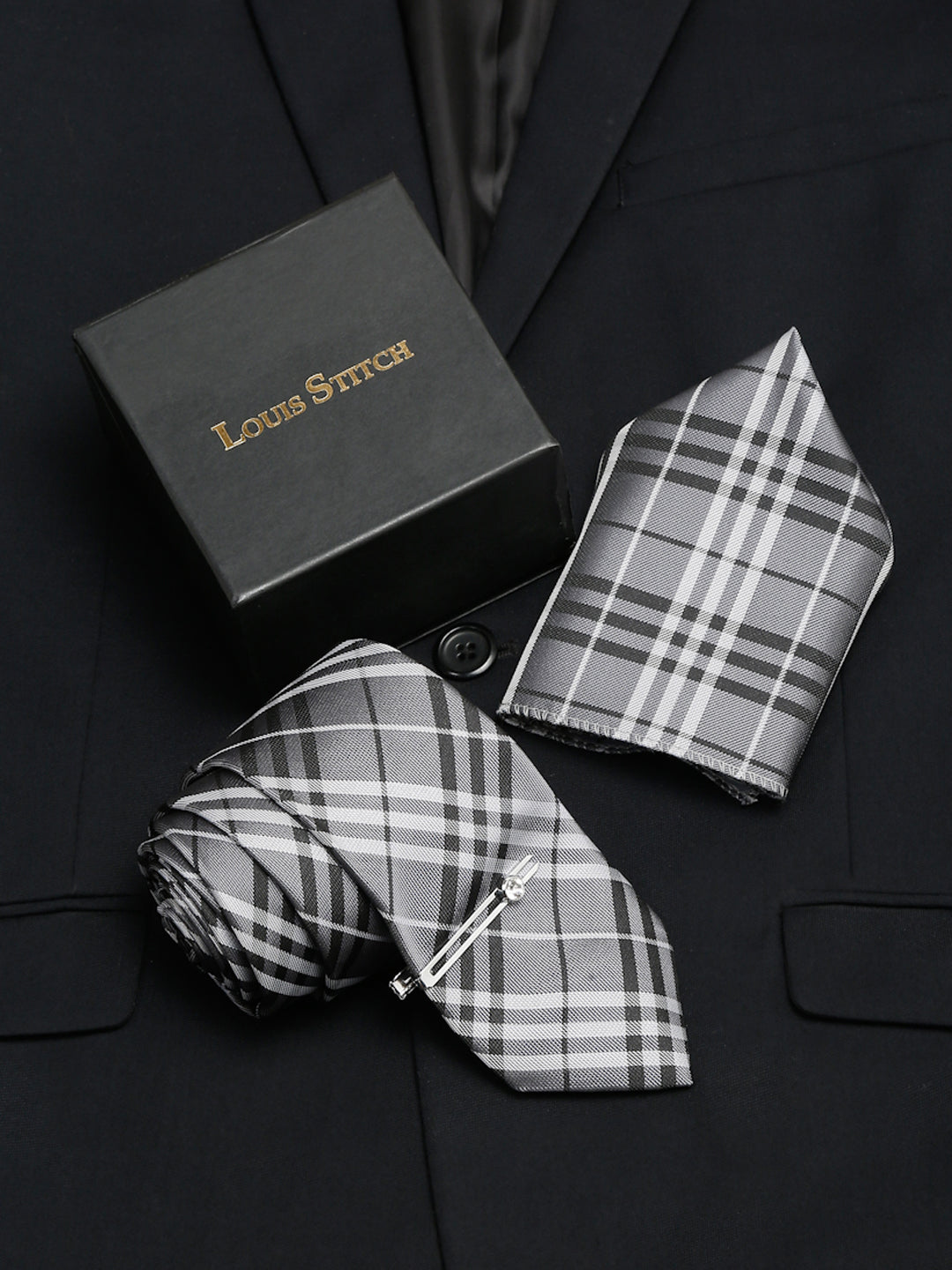 Steel Grey Italian Silk Necktie Set Pocket Square Chrome Tiepin
