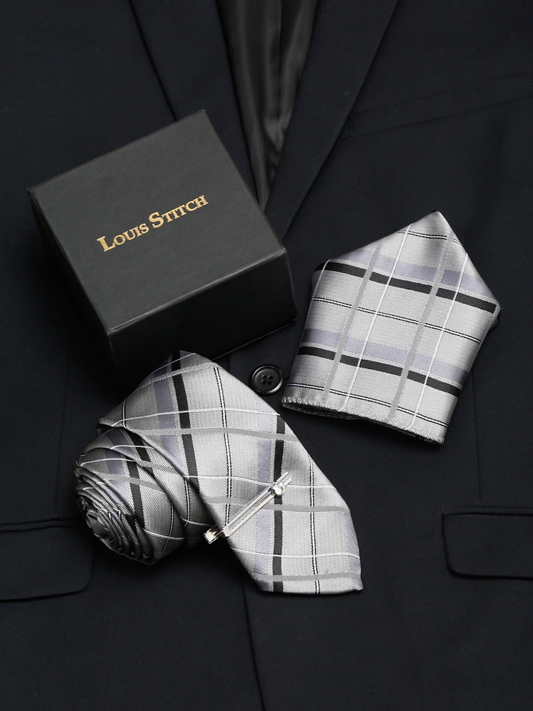 Pewter Grey Italian Silk Necktie Set Pocket Square Chrome Tiepin