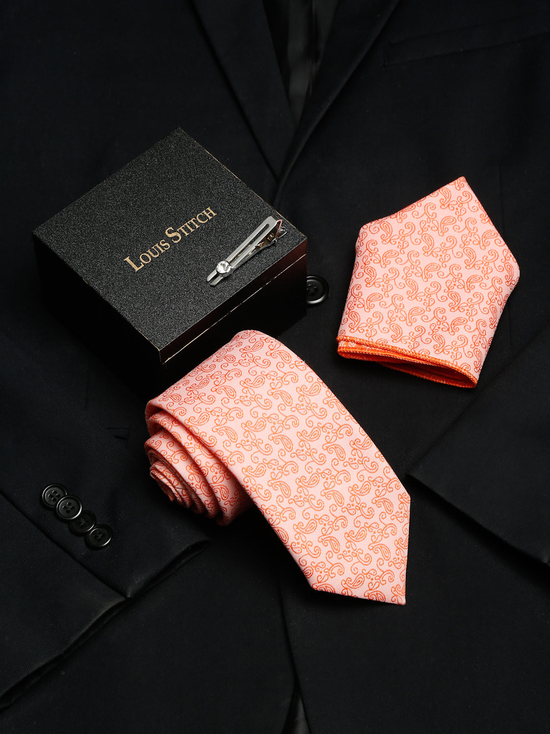 Coral Luxury Italian Silk Necktie Set With Pocket Square Chrome Tie pin