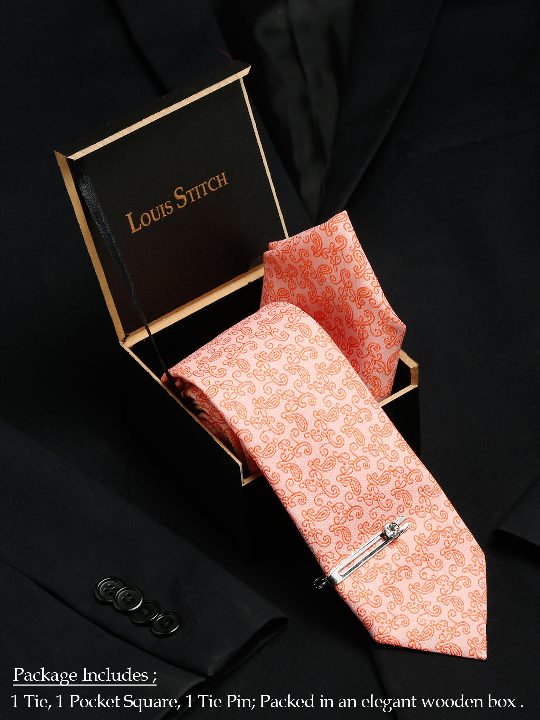 Coral Luxury Italian Silk Necktie Set With Pocket Square Chrome Tie pin