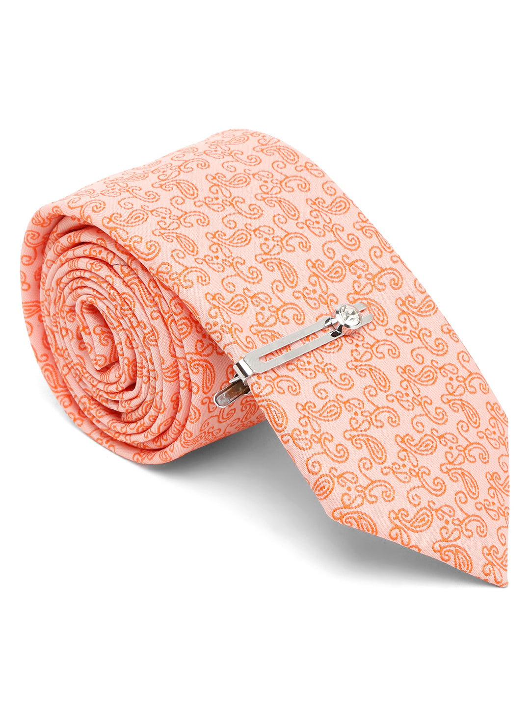 Coral Luxury Italian Silk Necktie Set With Pocket Square Chrome Tie pin