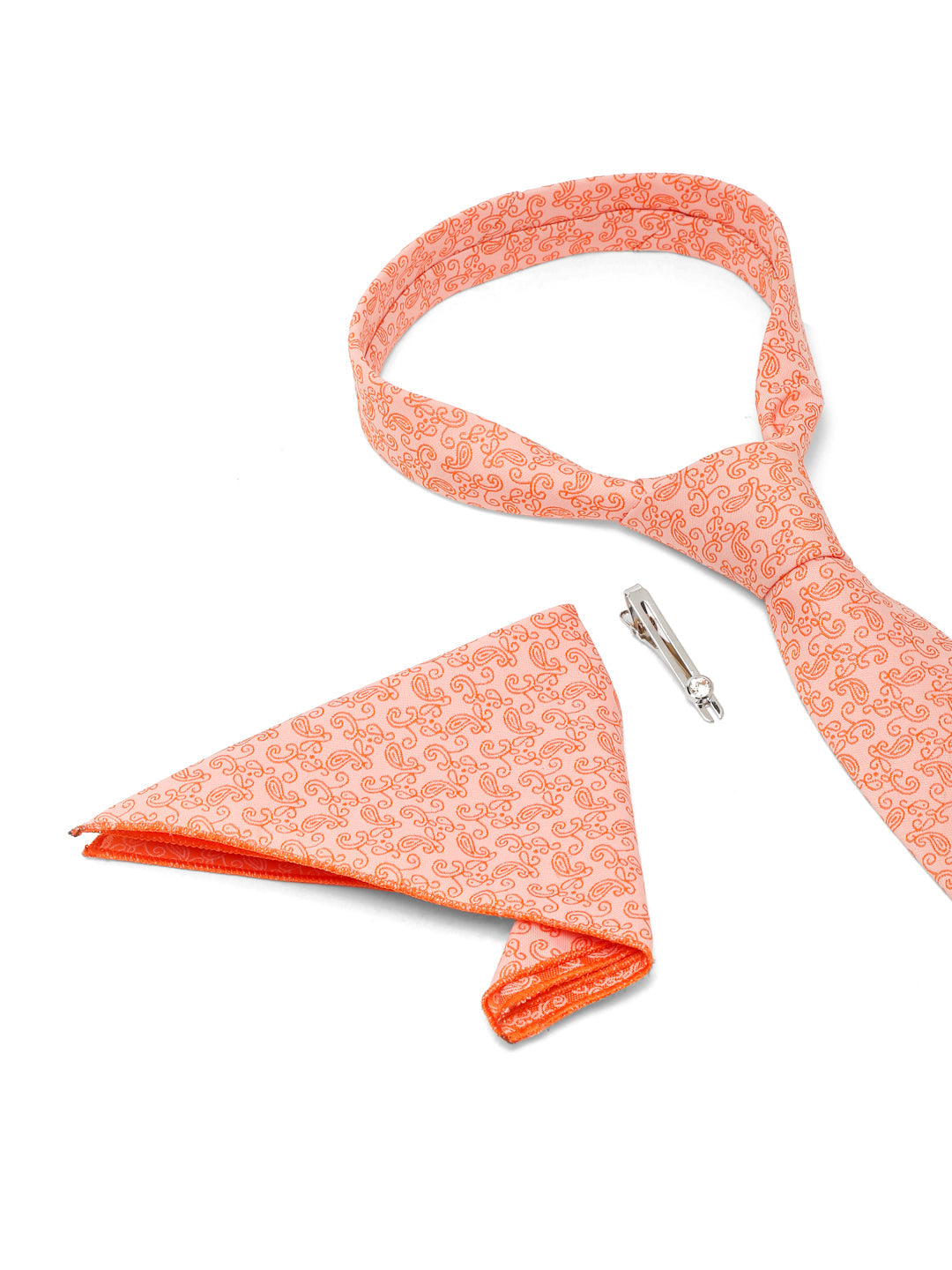 Coral Luxury Italian Silk Necktie Set With Pocket Square Chrome Tie pin