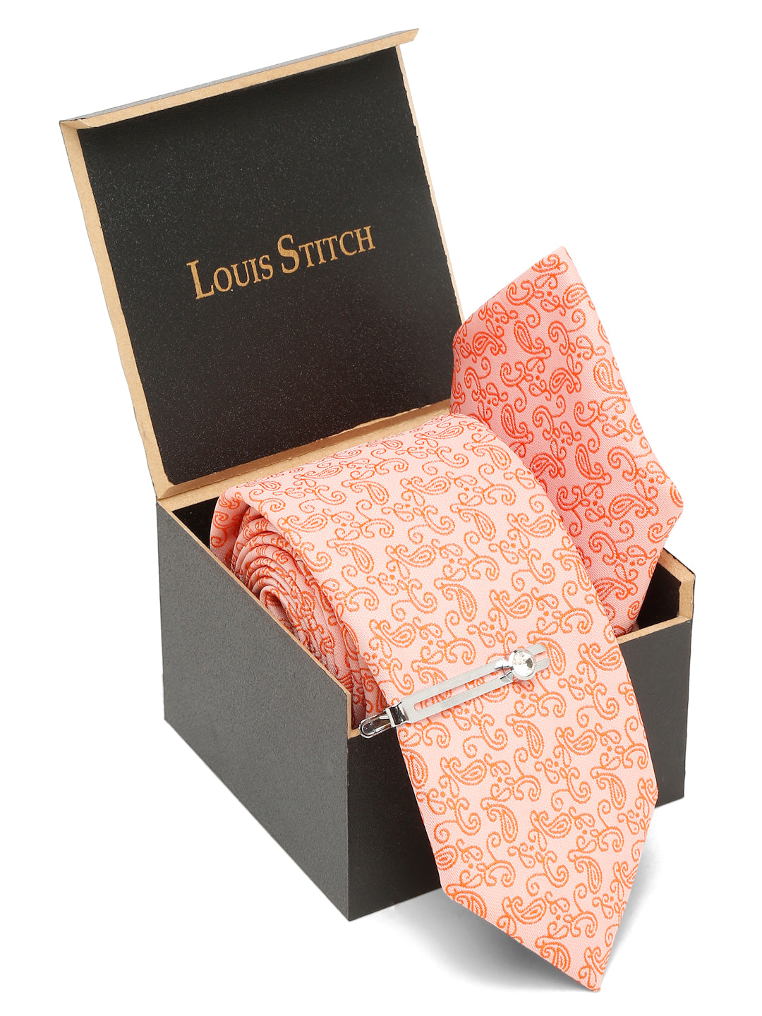 Coral Luxury Italian Silk Necktie Set With Pocket Square Chrome Tie pin