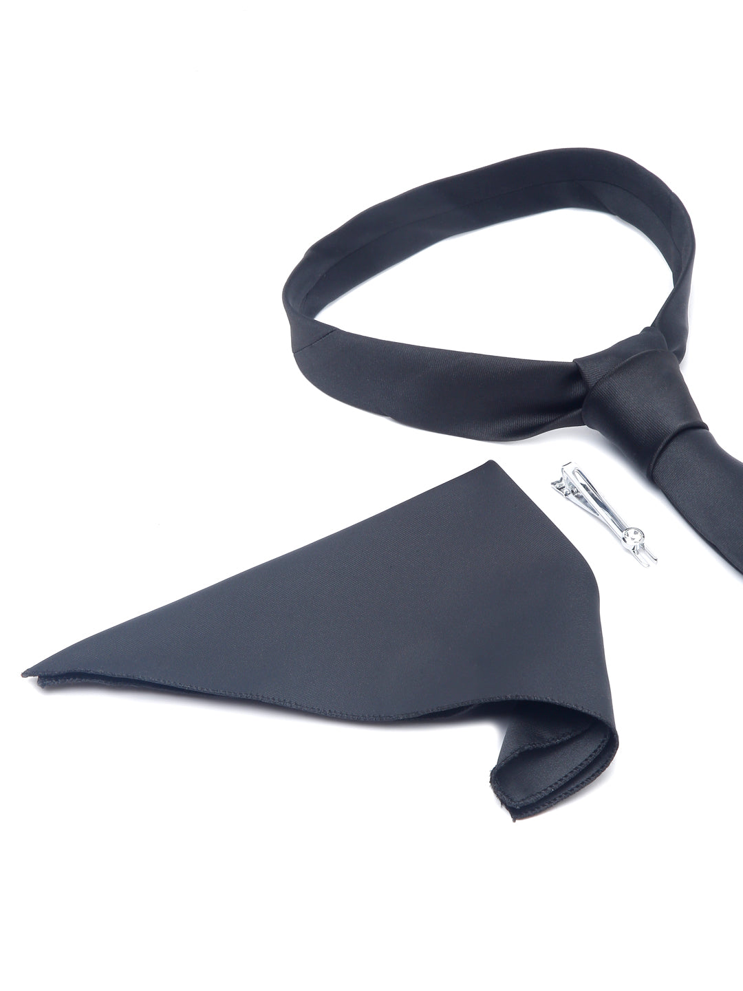 Devils Black Luxury Italian Silk Necktie Set With Pocket Square Chrome Tie pin
