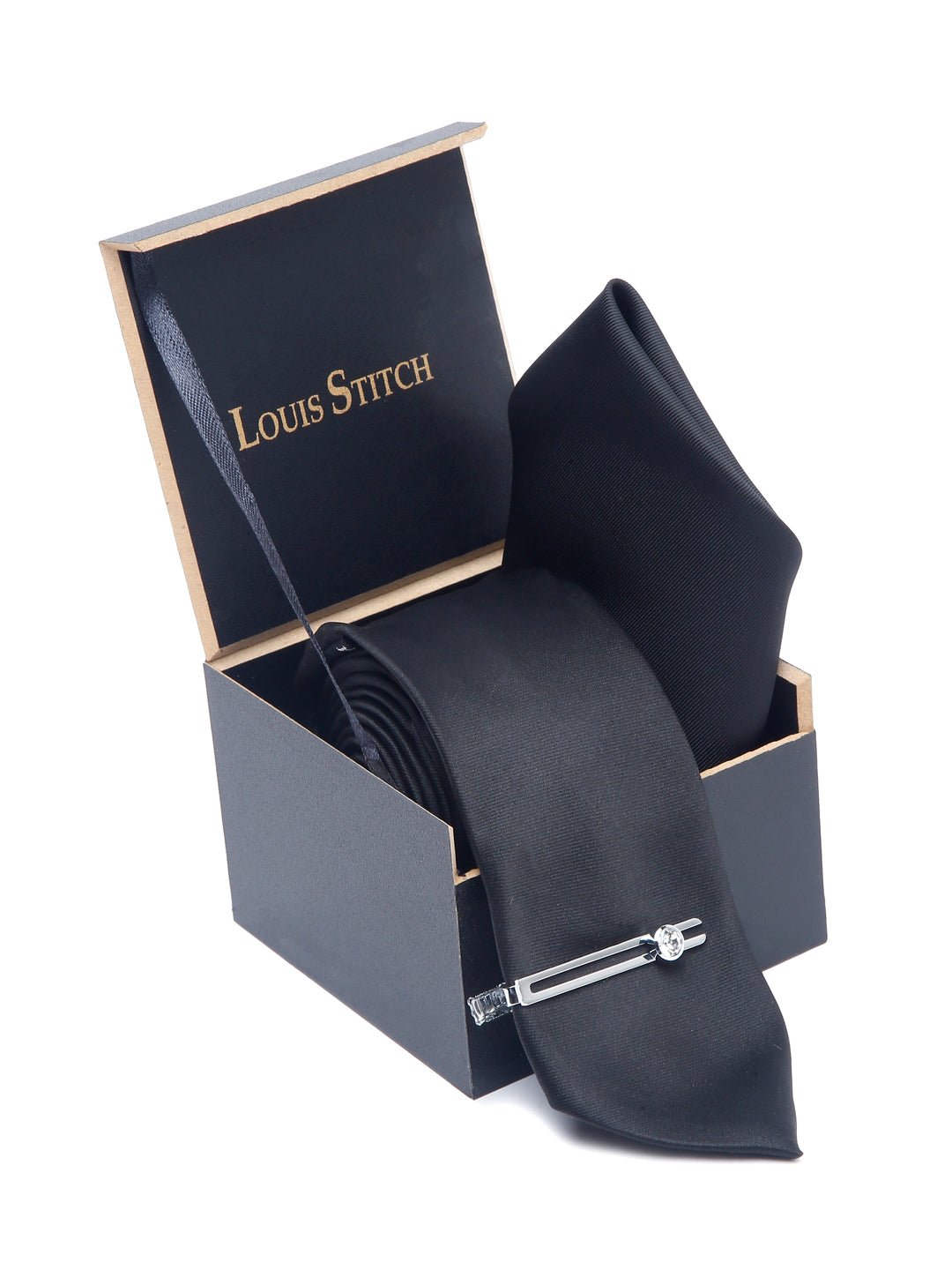 Devils Black Luxury Italian Silk Necktie Set With Pocket Square Chrome Tie pin