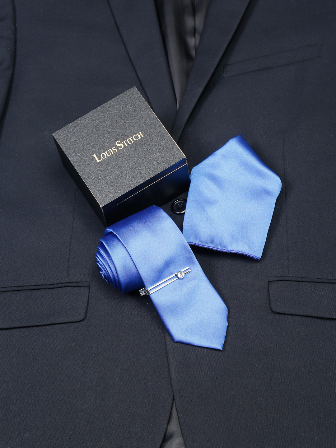 Spanish Blue Luxury Italian Silk Necktie Set With Pocket Square Chrome Tie pin