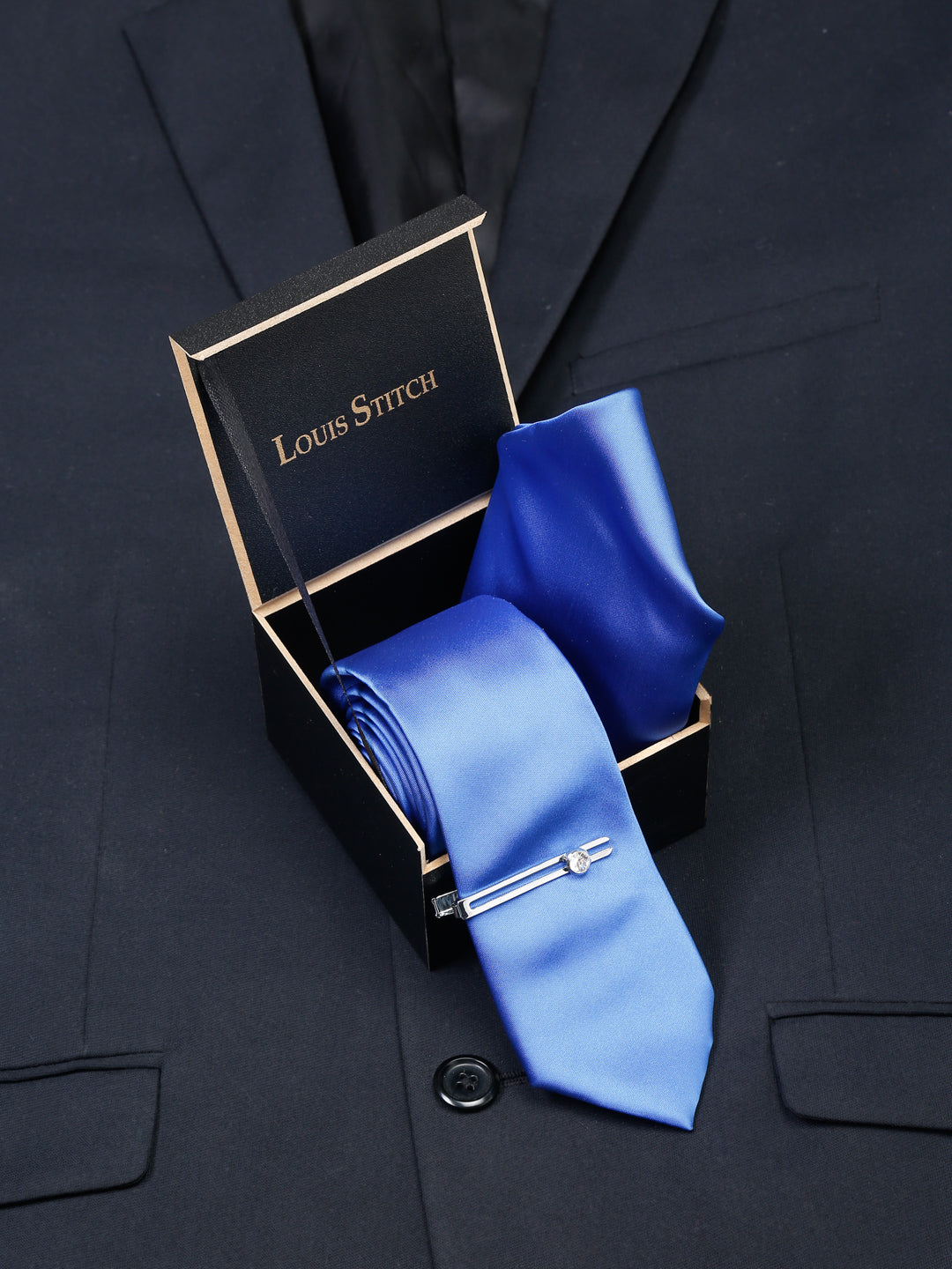 Spanish Blue Luxury Italian Silk Necktie Set With Pocket Square Chrome Tie pin