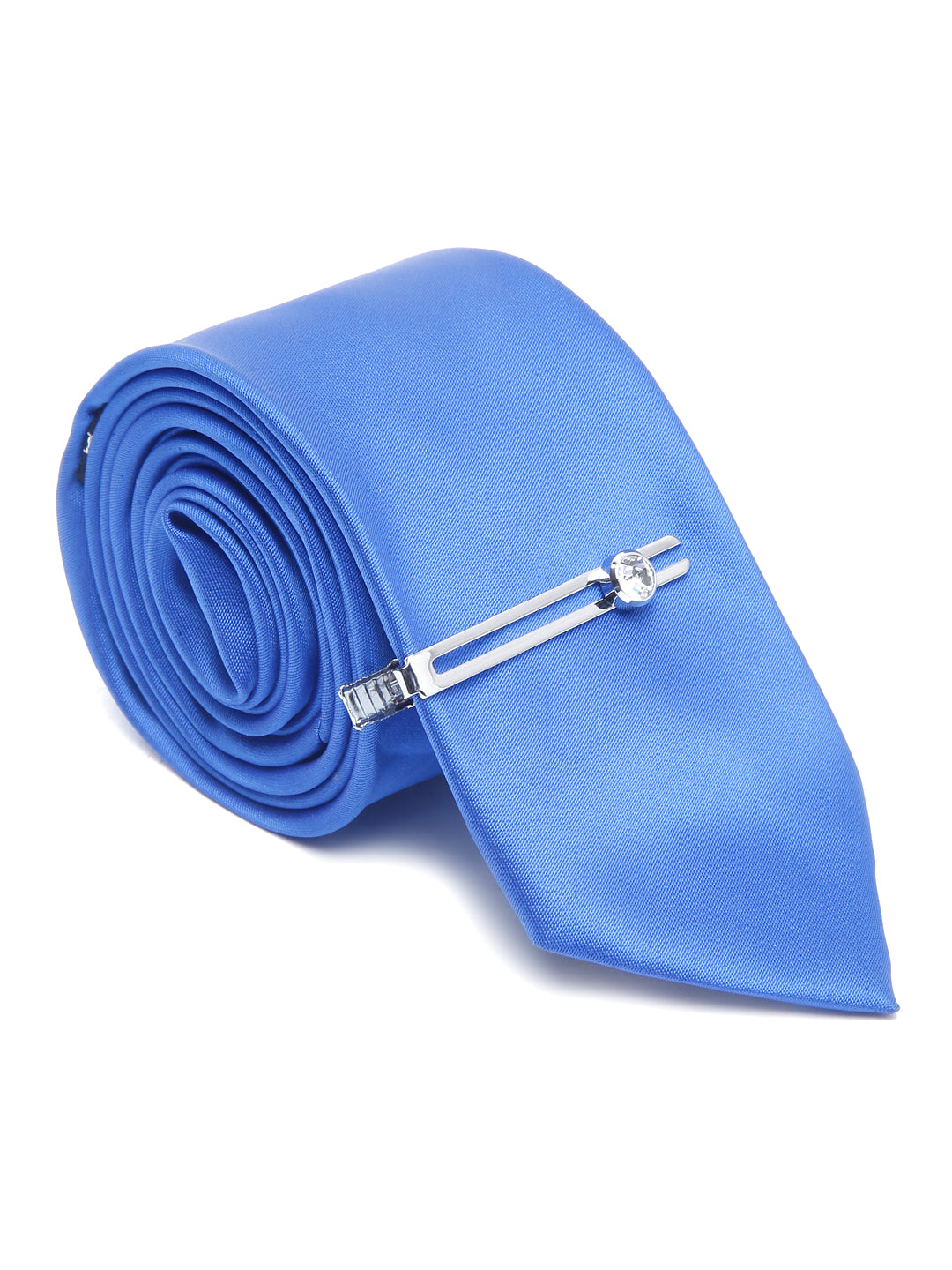 Spanish Blue Luxury Italian Silk Necktie Set With Pocket Square Chrome Tie pin