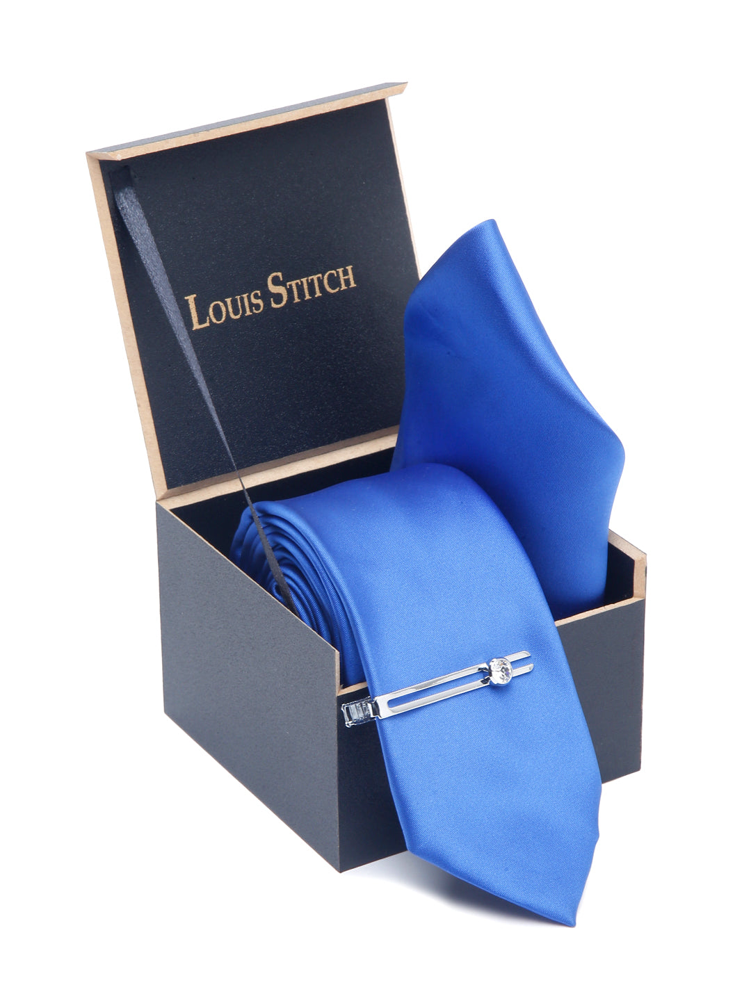Spanish Blue Luxury Italian Silk Necktie Set With Pocket Square Chrome Tie pin