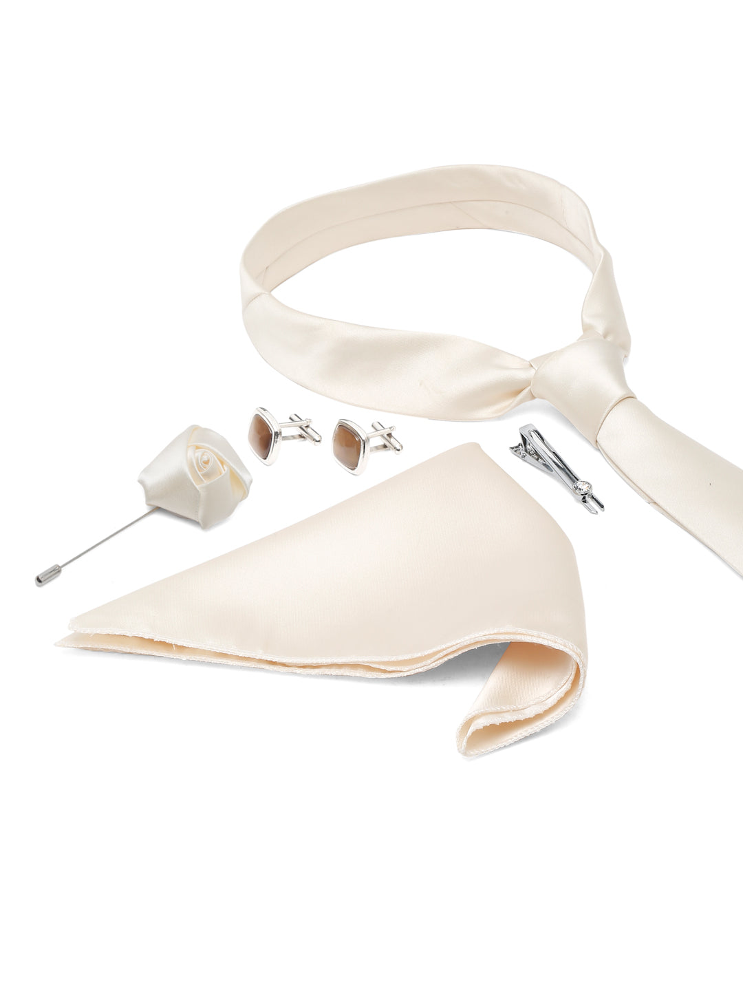 American Cream Luxury Italian Silk Necktie Set With Pocket Square Chrome Tie pin