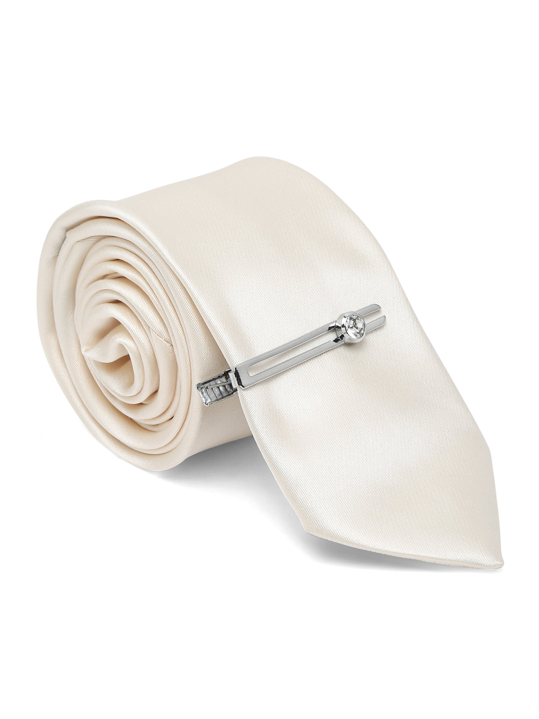 American Cream Luxury Italian Silk Necktie Set With Pocket Square Chrome Tie pin