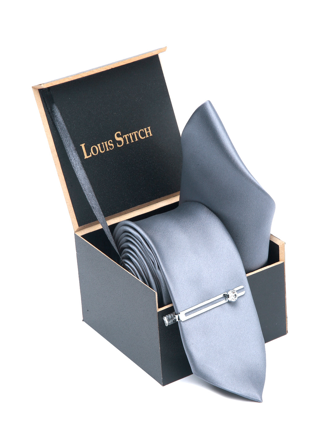 Roasted Grey Luxury Italian Silk Necktie Set With Pocket Square Chrome Tie pin