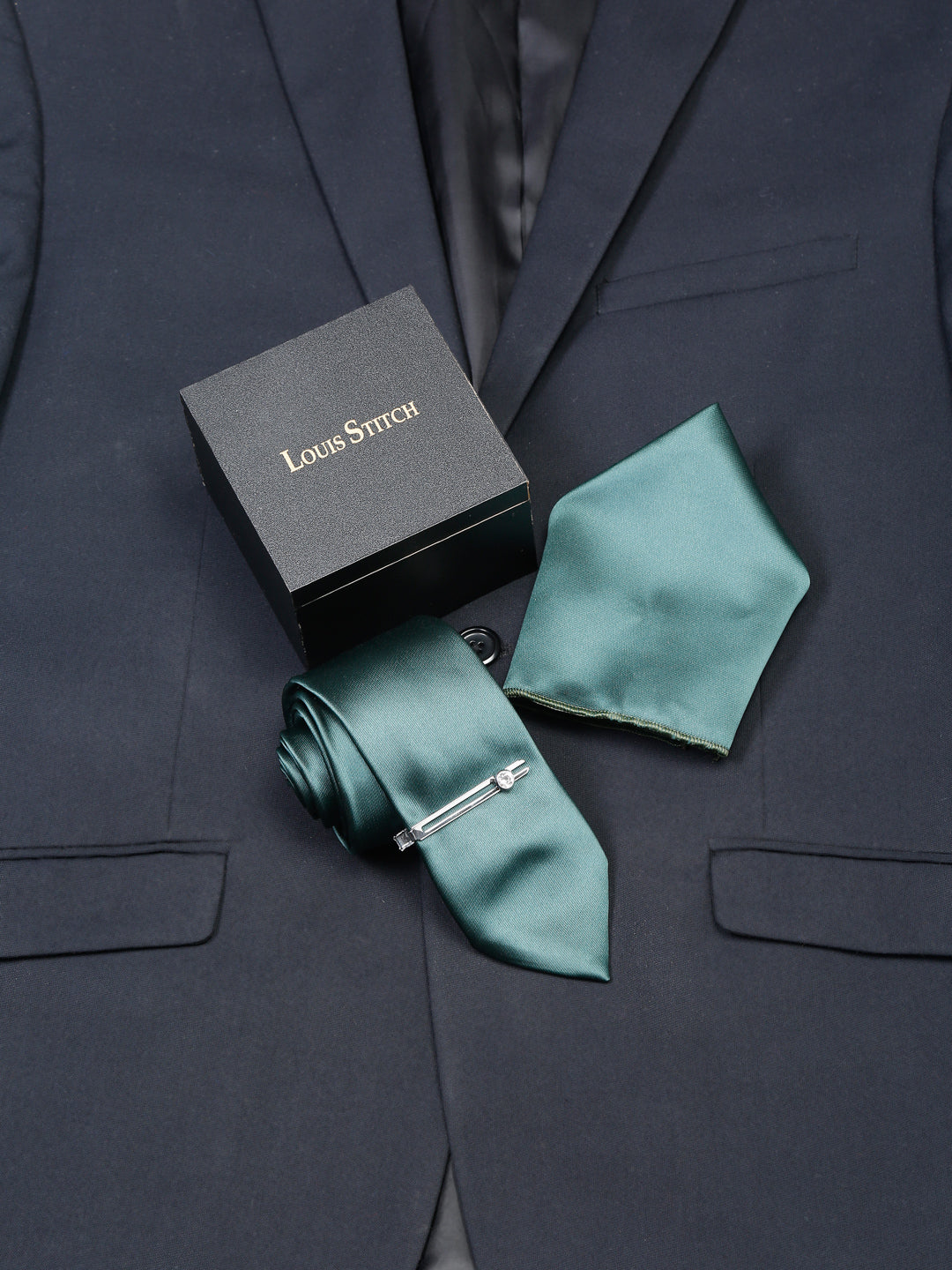 British Green Luxury Italian Silk Necktie Set With Pocket Square Chrome Tie pin