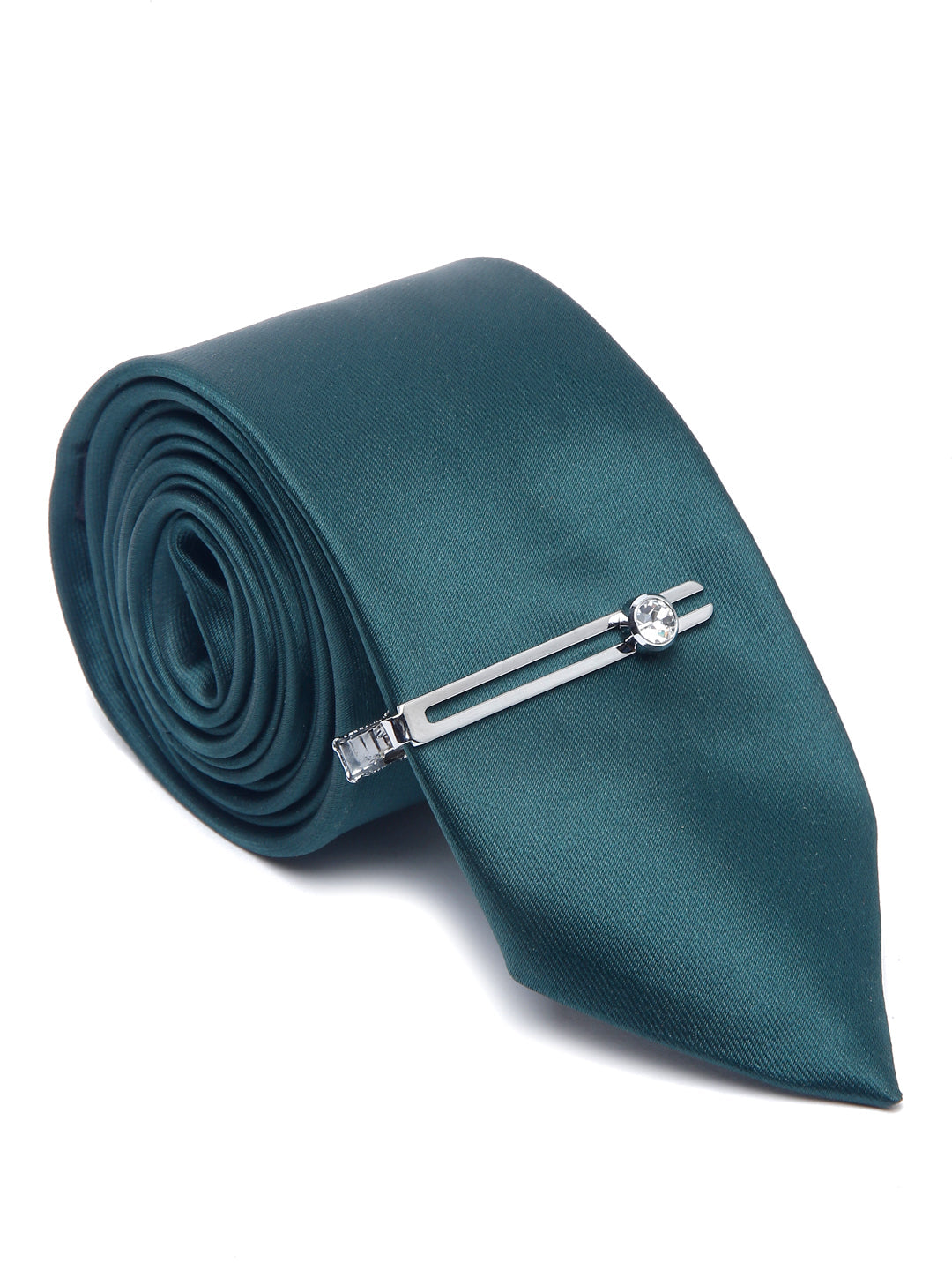 British Green Luxury Italian Silk Necktie Set With Pocket Square Chrome Tie pin
