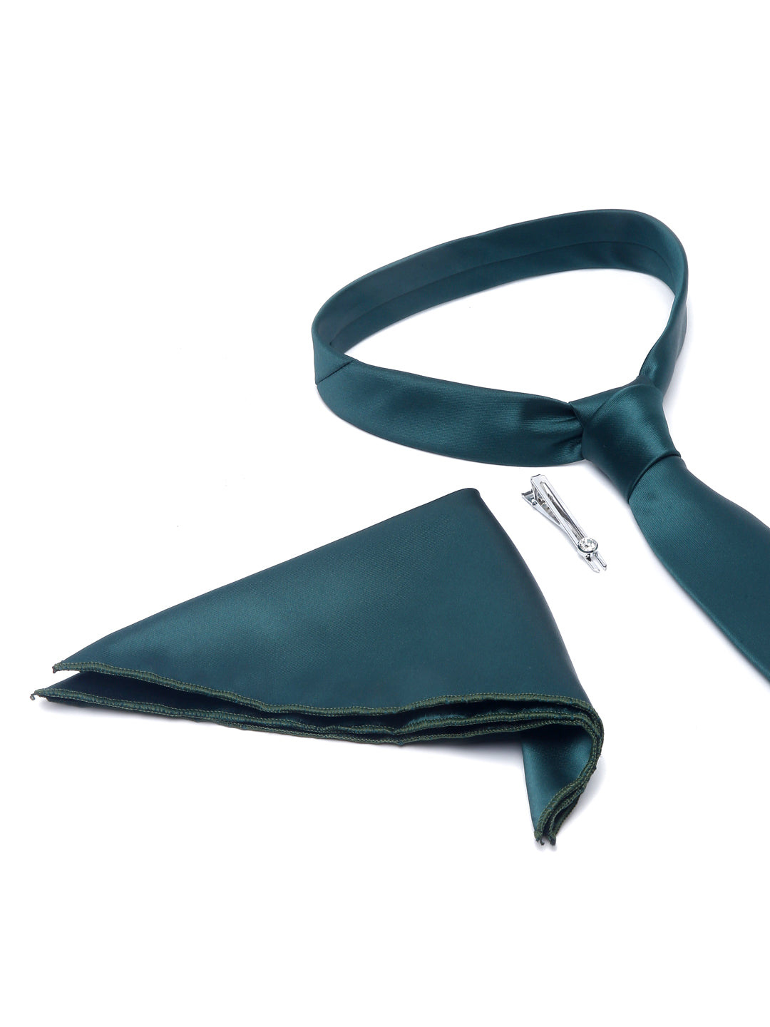 British Green Luxury Italian Silk Necktie Set With Pocket Square Chrome Tie pin