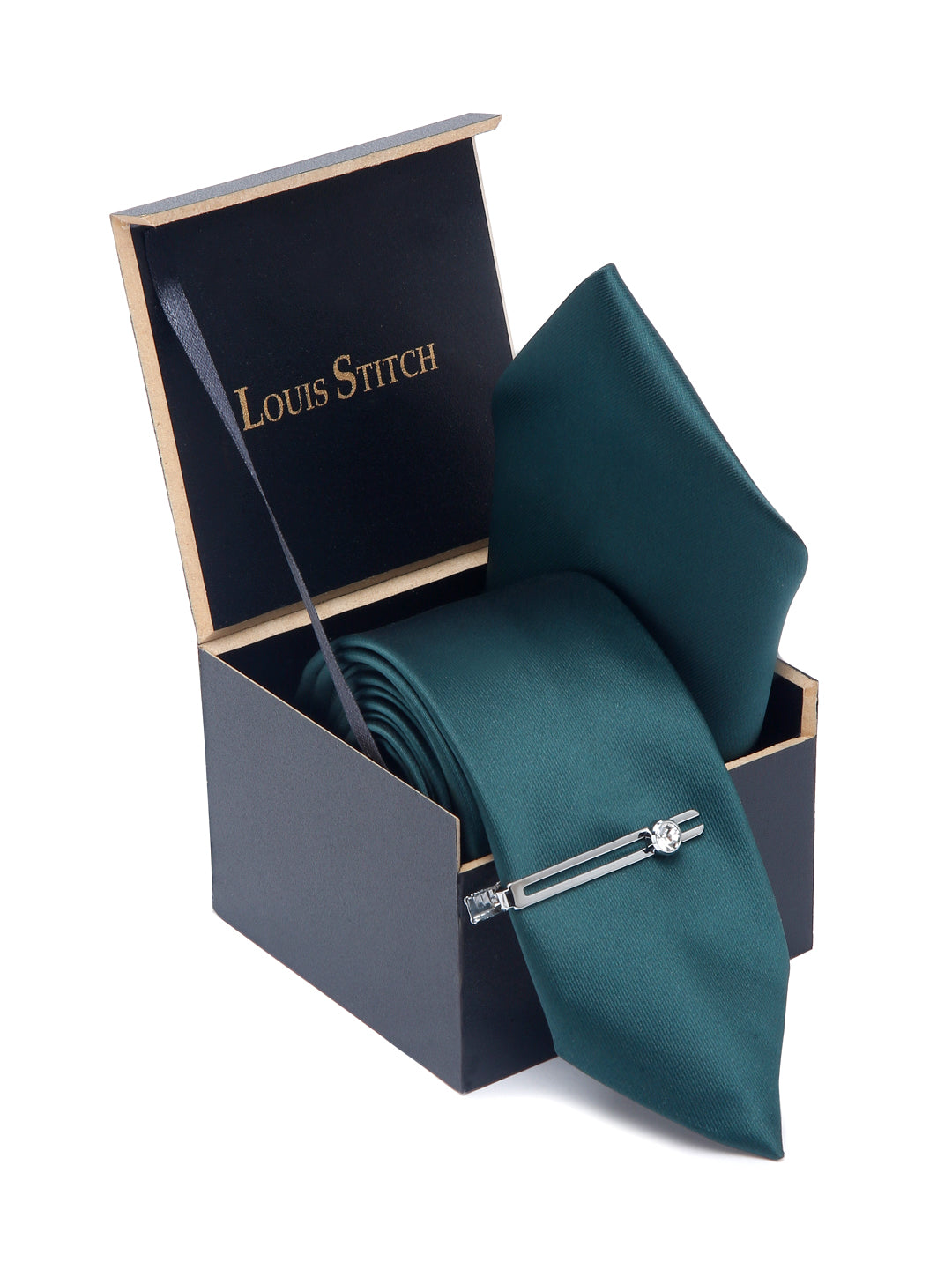 British Green Luxury Italian Silk Necktie Set With Pocket Square Chrome Tie pin