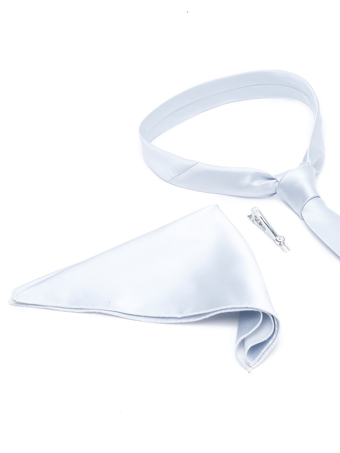Royal Silver Luxury Italian Silk Necktie Set With Pocket Square Chrome Tie pin