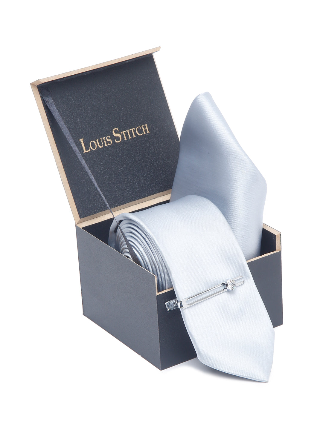 Royal Silver Luxury Italian Silk Necktie Set With Pocket Square Chrome Tie pin
