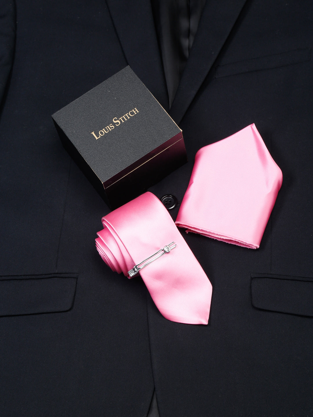 Premium Pink Luxury Italian Silk Necktie Set With Pocket Square Chrome Tie pin