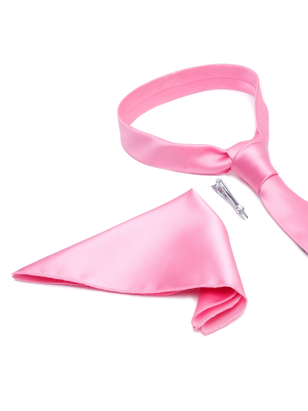 Premium Pink Luxury Italian Silk Necktie Set With Pocket Square Chrome Tie pin