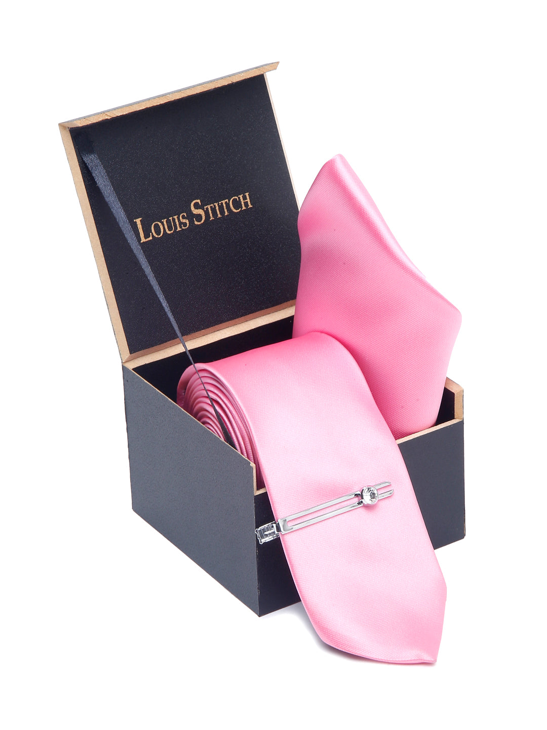 Premium Pink Luxury Italian Silk Necktie Set With Pocket Square Chrome Tie pin