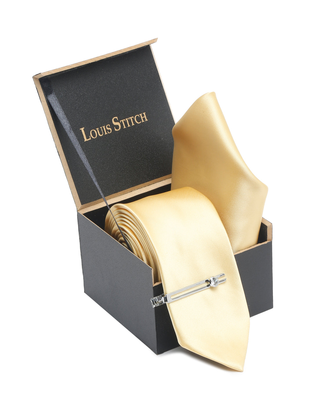 Tropic Yellow Luxury Italian Silk Necktie Set With Pocket Square Chrome Tie pin
