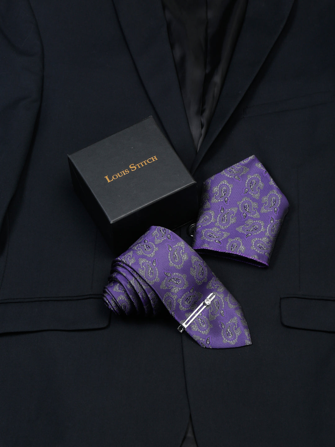 Iris Purple Luxury Italian Silk Necktie Set With Pocket Square Chrome Tie pin