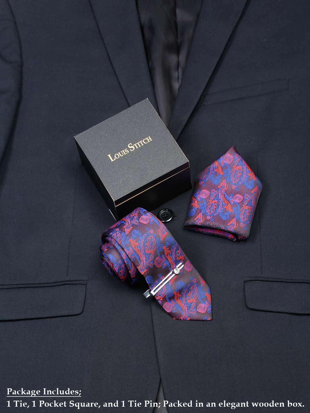 Lilac Purple Luxury Italian Silk Necktie Set With Pocket Square Chrome Tie pin