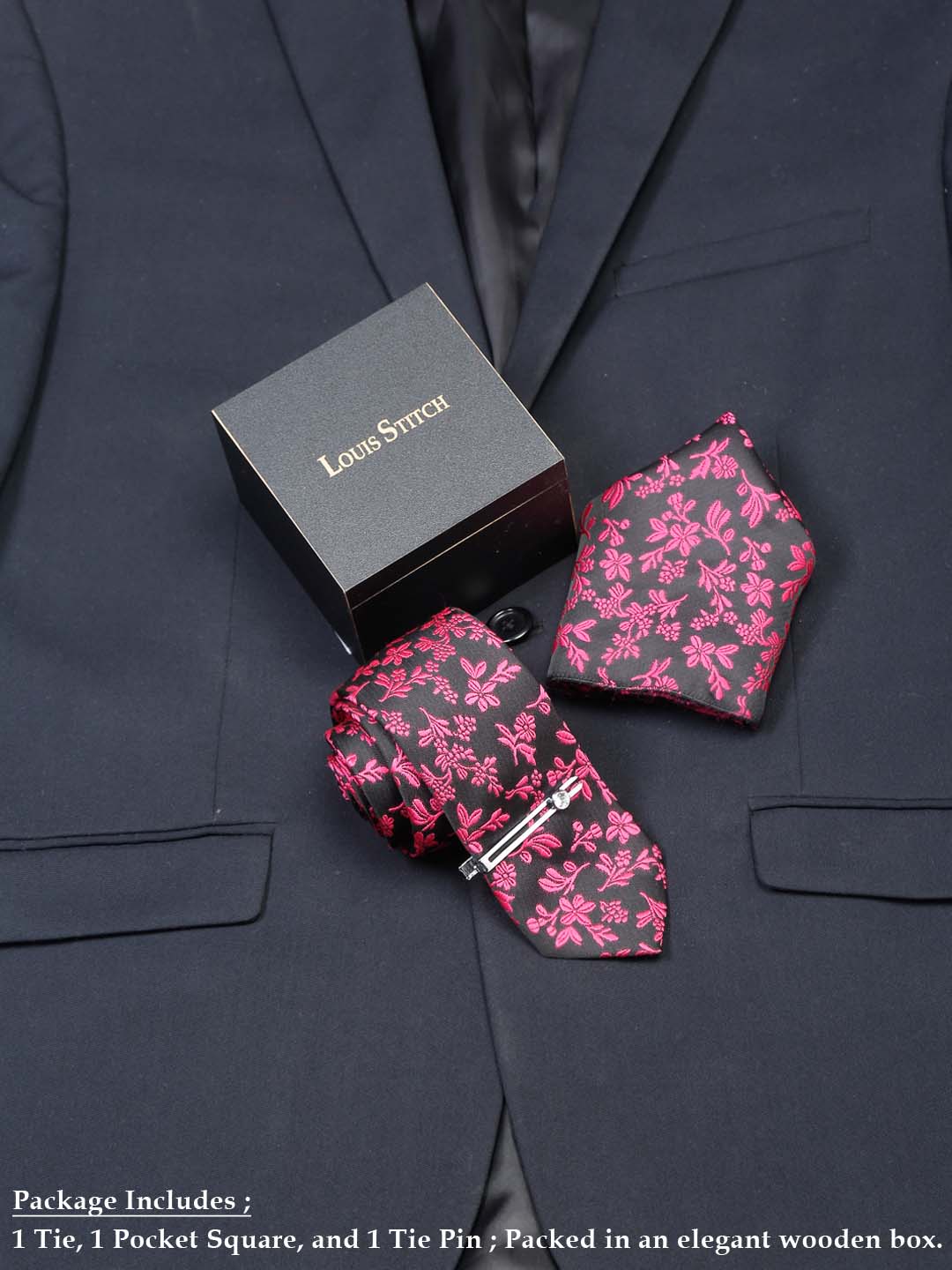 Mulberry Luxury Italian Silk Necktie Set With Pocket Square Chrome Tie pin