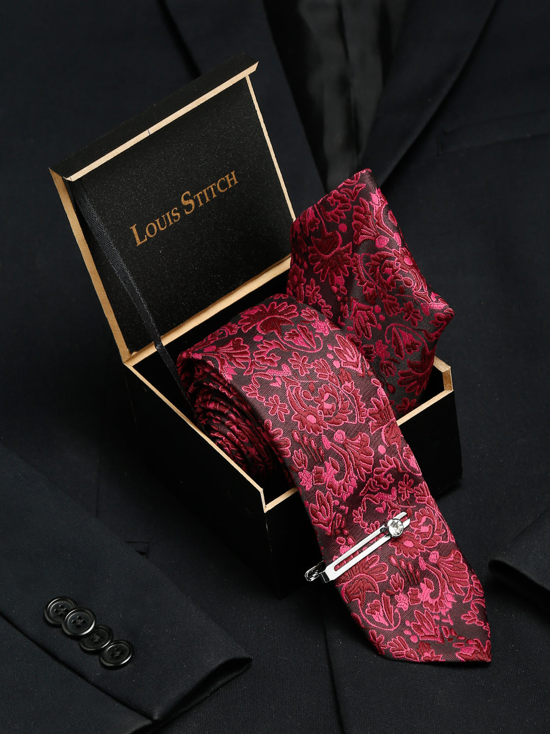Burgundy Luxury Italian Silk Necktie Set With Pocket Square Chrome Tie pin