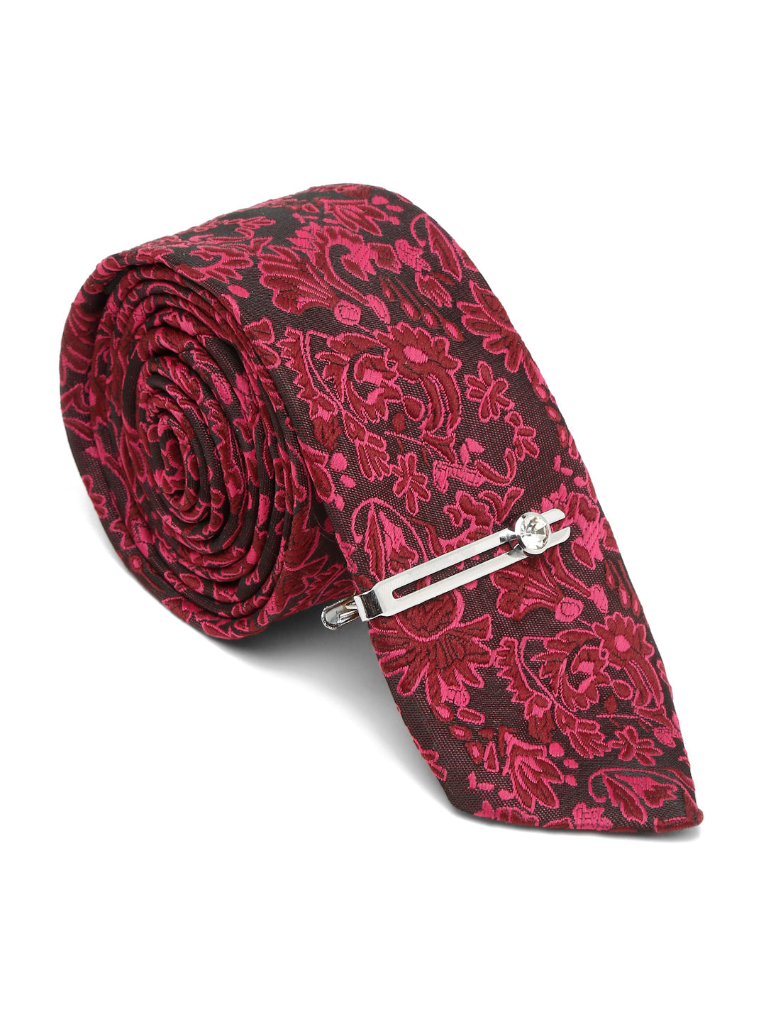 Burgundy Luxury Italian Silk Necktie Set With Pocket Square Chrome Tie pin