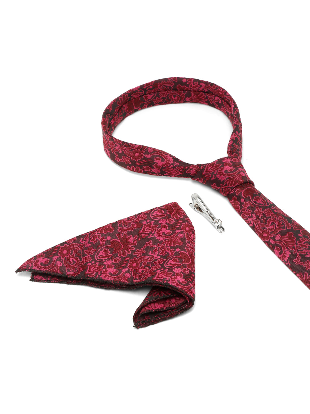 Burgundy Luxury Italian Silk Necktie Set With Pocket Square Chrome Tie pin