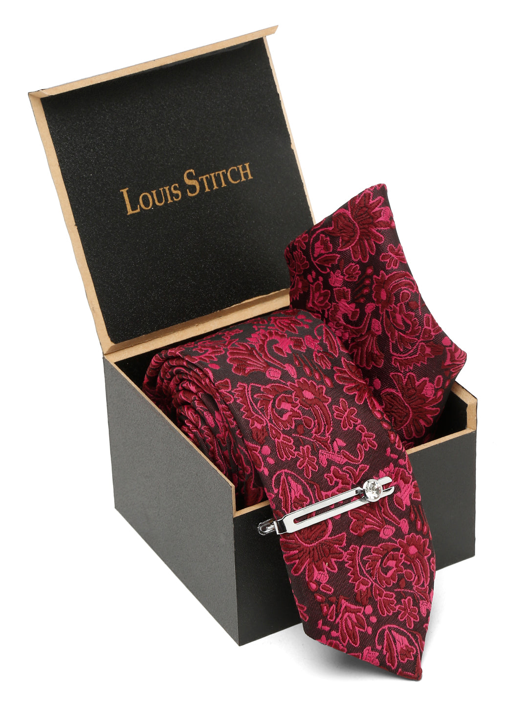 Burgundy Luxury Italian Silk Necktie Set With Pocket Square Chrome Tie pin