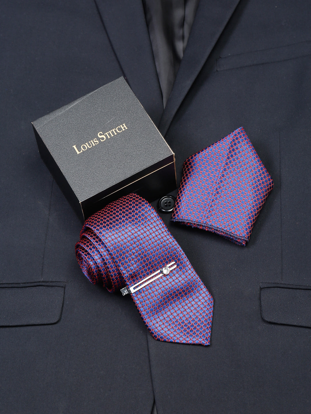 Dark Purple Luxury Italian Silk Necktie Set With Pocket Square Chrome Tie pin