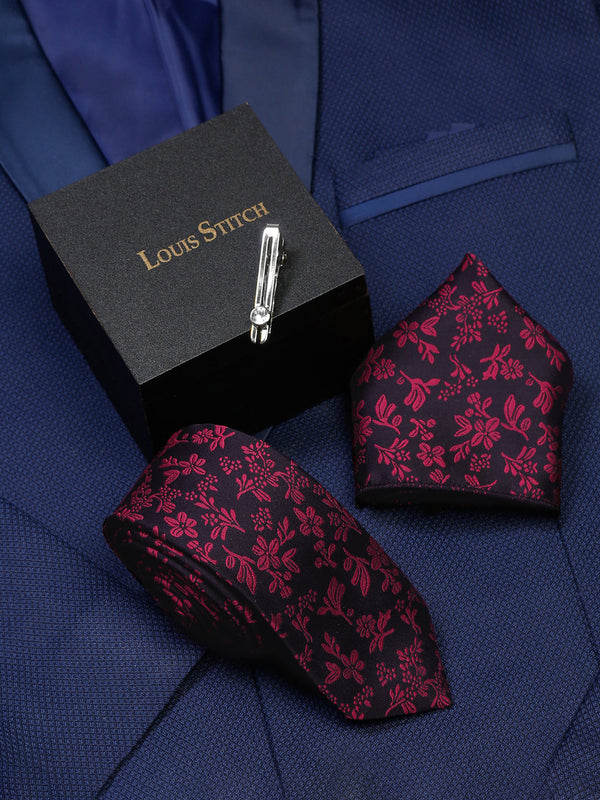  Rasin Pink Luxury Italian Silk Necktie Set With Pocket Square Chrome Tie pin