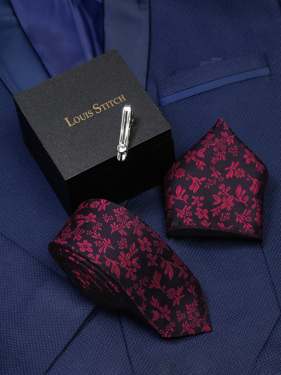 Rasin Pink Luxury Italian Silk Necktie Set With Pocket Square Chrome Tie pin