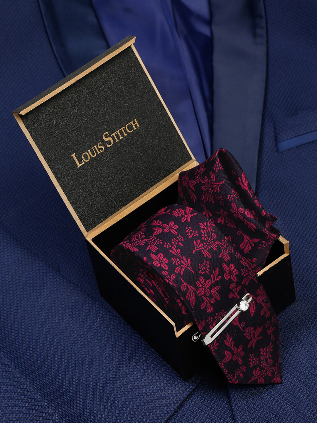 Rasin Pink Luxury Italian Silk Necktie Set With Pocket Square Chrome Tie pin